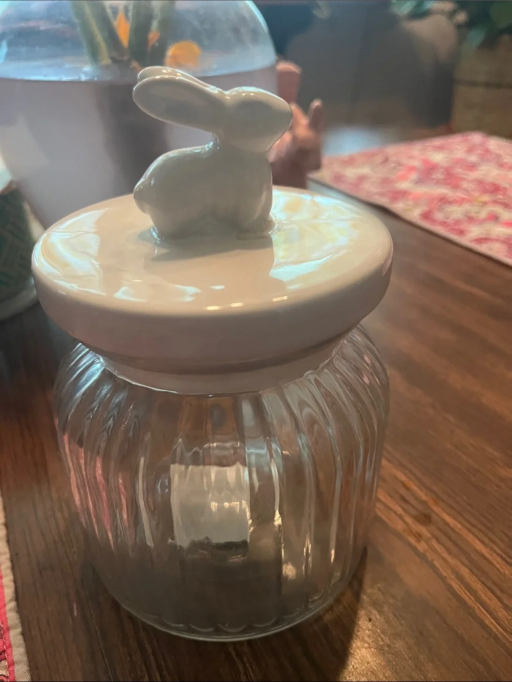 Hobby Lobby Clear Ribbed Glass Jar with Bunny Lid gently used